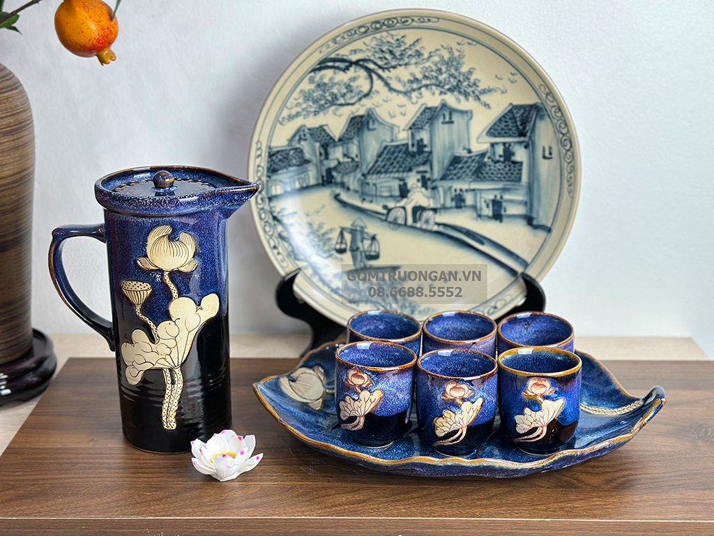 Bộ bình nước men hỏa biến xanh vẽ sen hàng nghệ nhân 1,5L cao cấp Bát Tràng 8